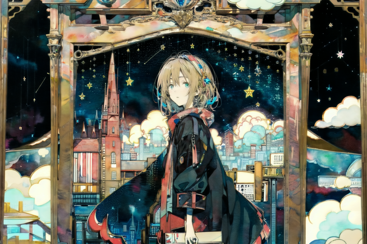 00026-2405670905-transparent, watercolor, impasto, fairy tale, 1girl,  solo, 1girl, sky, blonde hair, short hair, mirror, gate,  cloud, night, st.png